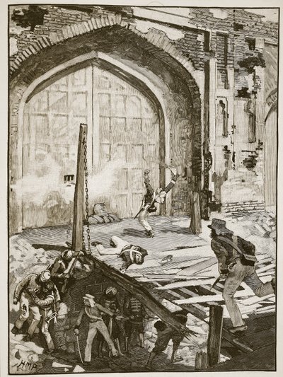 Voladura de la puerta de Cachemira en Delhi, ilustración de Cassells Illustrated History of England de English School