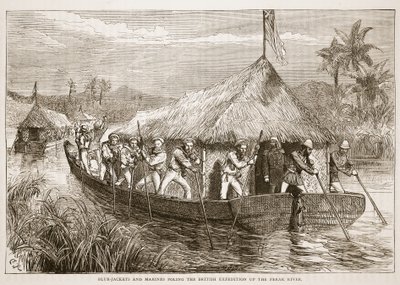 Marineros y marines británicos remando la expedición británica por el río Perak, ilustración de Cassells Illustrated History of England de English School