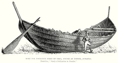 Barca para catorce pares de remos, encontrada en Nydam, Jutlandia (grabado) de English School