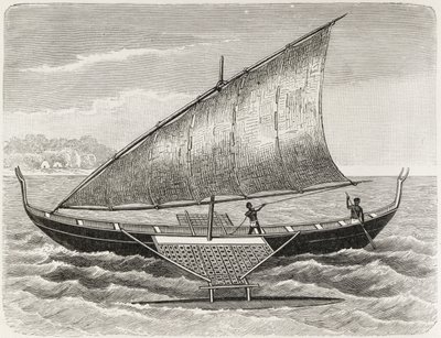 Barco de las Islas Mortlock, con balancín y vela de estera de junco, de 