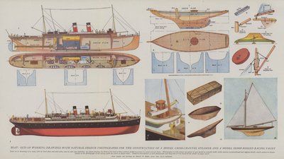 Barco, juegos de dibujos de trabajo con fotografías en color natural para la construcción de un modelo de barco de vapor para cruzar el Canal de la Mancha y un modelo de yate de carreras con aparejo de balandra (litografía en color) de English School