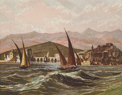 Barcos navegando frente a la costa de Tierra Santa (litografía en color) de English School