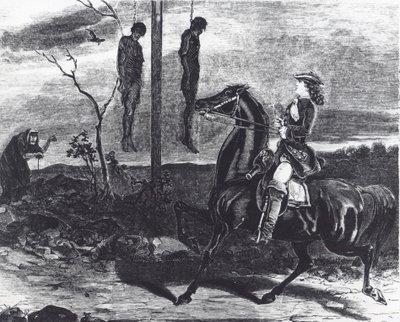 Cuerpos de bandidos ejecutados colgados en jaulas al borde de la carretera como advertencia a otros criminales (litografía) de English School