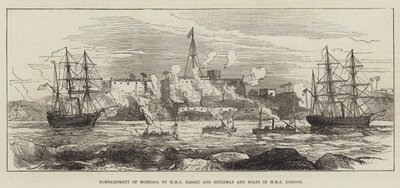 Bombardeo de Mombasa por HMS Nassau y Rifleman y Botes de HMS London (grabado) de English School
