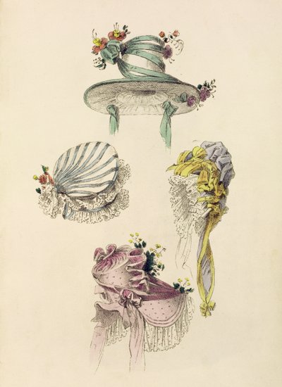 Sombreros para una ocasión, lámina de moda de Ackermanns Repository of Arts de English School
