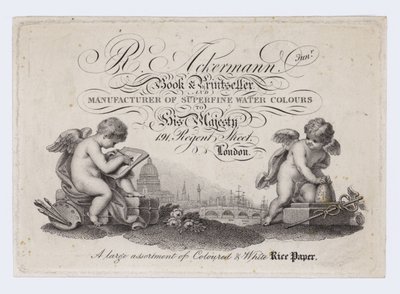 Tarjeta comercial de librero y vendedor de impresiones, R Ackermann Junior de English School
