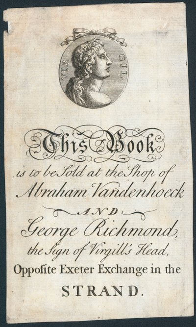 Ex libris, este libro se vende en la tienda de Abraham Vandenhoeck y George Richmond de English School