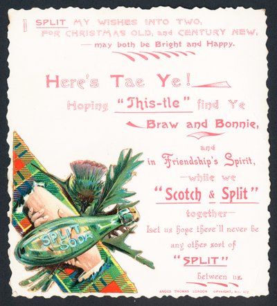 Botella de soda derramada, tarjeta de Navidad de English School