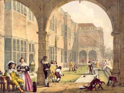 Bolos en la Terraza de Bramshill en 1600, de Arquitectura de la Edad Media por Joseph Nash, publicado en 1838 de English School