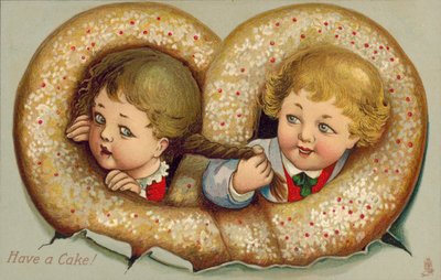 Niño y niña entrelazados en un pastel (litografía en color) de English School