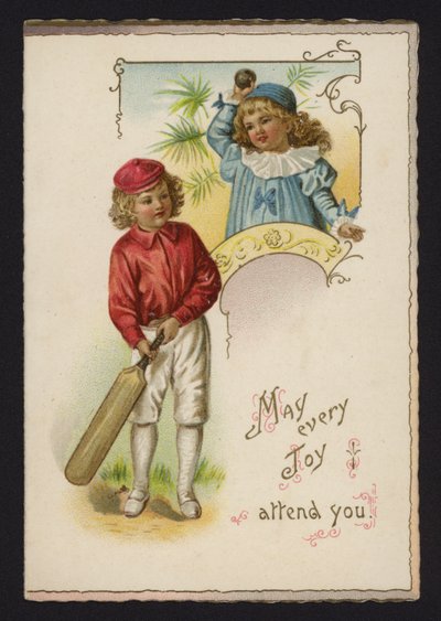 Niño y niña jugando al cricket, tarjeta de felicitación, finales del siglo XIX o principios del XX de English School