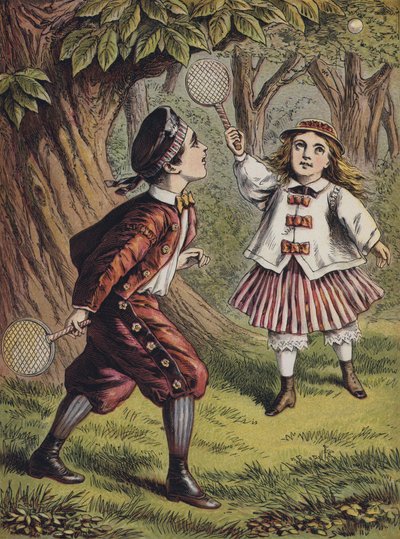 Niño y niña jugando con bate y pelota (litografía en color) de English School