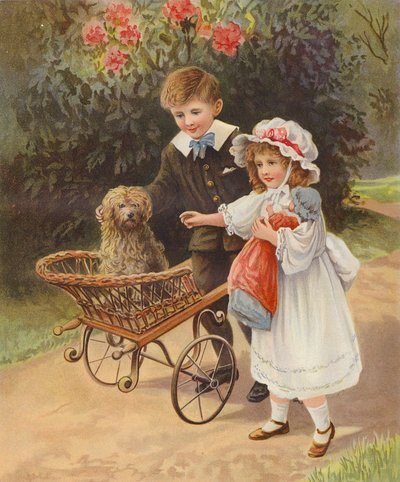 Niño y niña empujando a su perro en un carrito (cromolito) de English School