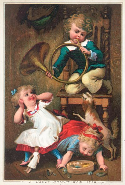 Niño soplando cuerno, tarjeta de Año Nuevo de English School