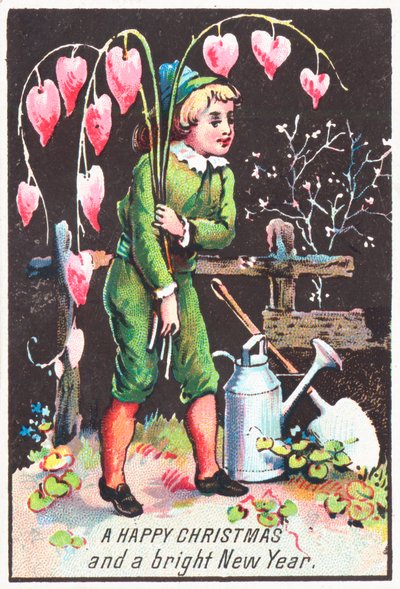 Niño llevando flores de corazón sangrante, tarjeta de Navidad de English School