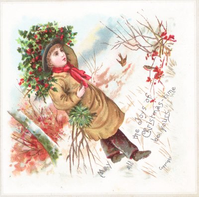 Niño llevando acebo, tarjeta de Navidad de English School