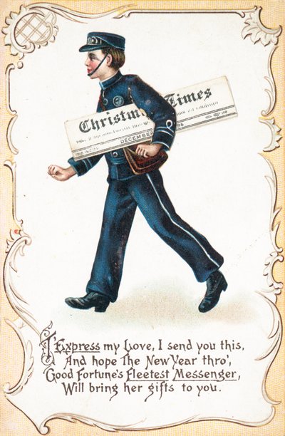 Chico entregando el periódico Christmas Times, tarjeta de Navidad de English School