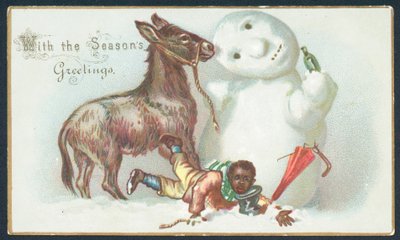 Niño cayendo del burro en la nieve, tarjeta de Navidad de English School