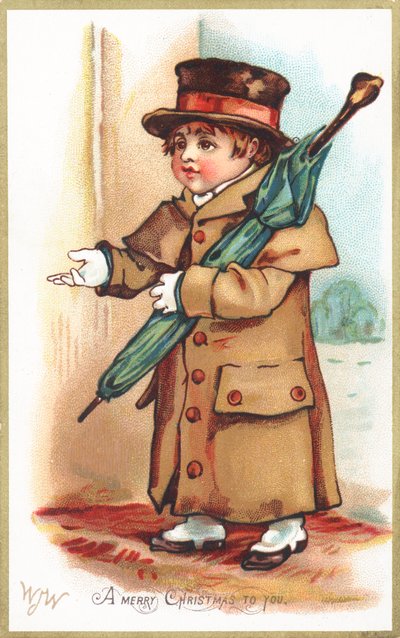 Niño con paraguas en la puerta, tarjeta de Navidad de English School