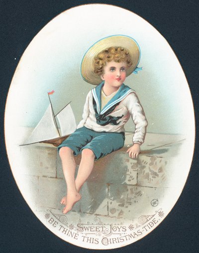 Niño en traje de marinero con yate de juguete, tarjeta de Navidad de English School