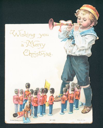Niño jugando con soldados de juguete y tocando la trompeta, tarjeta de Navidad de English School