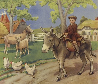 Niño montado en un burro en la campiña inglesa (litografía en color) de English School
