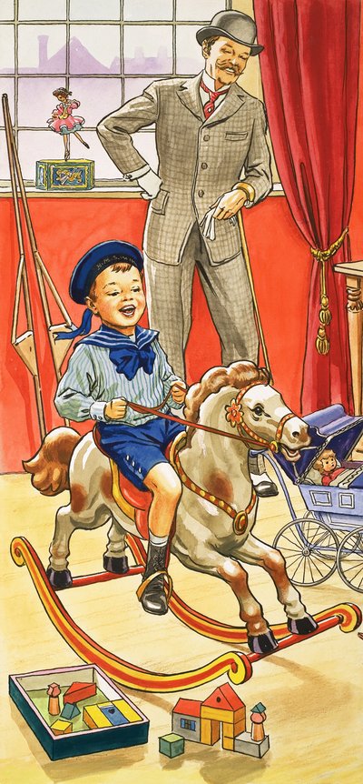 Niño montando un caballo de juguete de English School