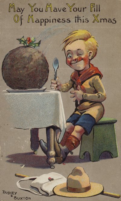 Boy scout a punto de comer pudín de Navidad de English School