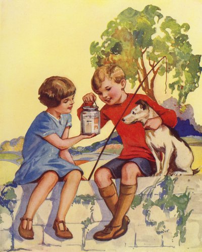 Niño mostrando los cinco peces pequeños que ha pescado (litografia en color) de English School
