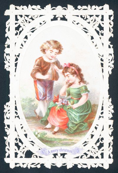 Niño hablando con niña tímida, tarjeta de Navidad de English School