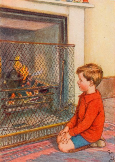 Niño esperando que hierva una tetera (litografia de color) de English School