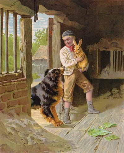 Niño con un perro y un conejo en una granja (chromolitho) de English School