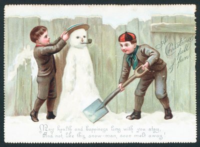 Niños construyendo un muñeco de nieve, Tarjeta de Navidad de English School