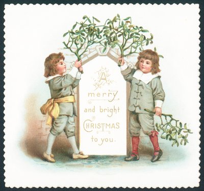 Niños colgando muérdago en el letrero, tarjeta de Navidad de English School