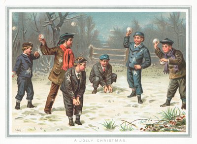Niños jugando a la guerra de bolas de nieve, tarjeta de Navidad de English School