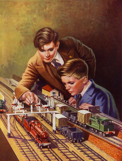 Niños jugando con un juego de trenes (litografia en color) de English School