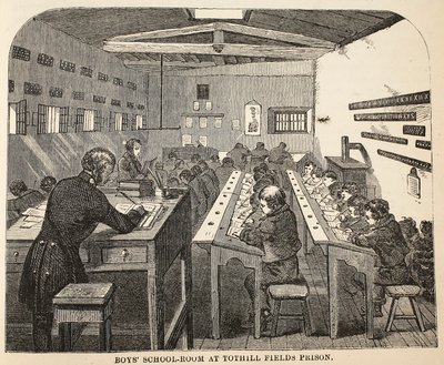 Sala de escuela de niños en la prisión de Tothill Fields, ilustración de Las prisiones criminales de Londres y escenas de la vida en prisión de Henry Mayhew y John Binny, pub. 1862 de English School