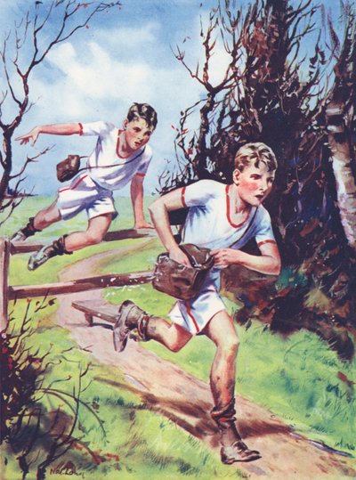 Chicos participando en una persecución de papel (litografia en color) de English School