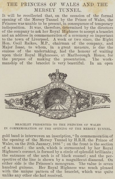 Brazalete presentado a la Princesa de Gales en conmemoración de la apertura del túnel de Mersey (grabado) de English School