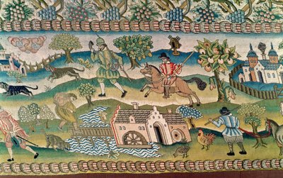 Alfombra de mesa de Bradford, (detalle) de escenas de la vida rural, finales del siglo XVI de English School