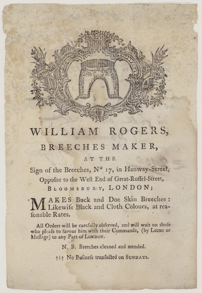 Fabricantes de calzones, William Rogers, tarjeta comercial de English School