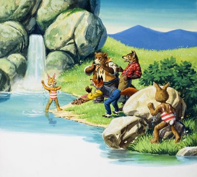 Brer Rabbit nadando (gouache sobre papel) de English School