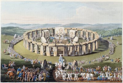 Festival bretón en un campo megalítico (con dólmenes y menhires) en "Celtas y Godos, costumbres de los habitantes de las Islas Británicas del siglo VI temprano y las naciones godas de la costa oeste del Báltico" de S.R. Meyrick y Ch. Smith de English School