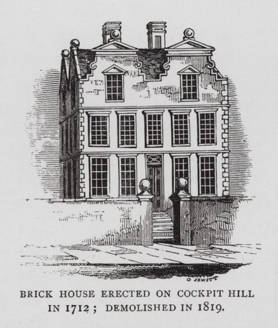 Casa de ladrillo erigida en Cockpit Hill en 1712; demolida en 1819 de English School