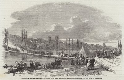 Experimento de Puente en Joinville-le-Pont, cerca de París, ante el Emperador, Lord Raglan y el Duque de Cambridge (grabado) de English School