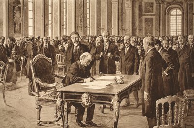 Primer Ministro británico firmando el Tratado de Paz con Alemania en el Salón de los Espejos en Versalles, 28 de junio de 1919 de English School