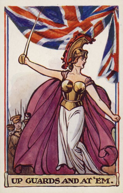 Britannia con soldados y bandera de la Unión (litografía en color) de English School