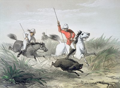Oficiales del ejército británico cazando jabalíes en India de English School
