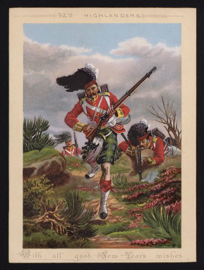 Soldados del Ejército Británico del 92º Highlanders, tarjeta de felicitación de Año Nuevo (litografía en color) de English School