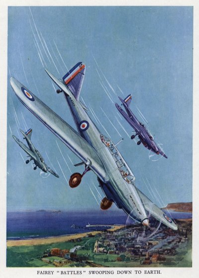 Bombarderos ligeros Fairey Battle británicos en picada hacia el suelo de English School